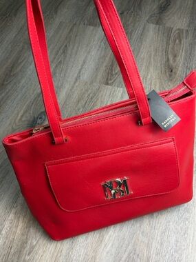 NWT Badgley Mischka Red Tote Bag Gold Logo Large Satchel $129 MSRP